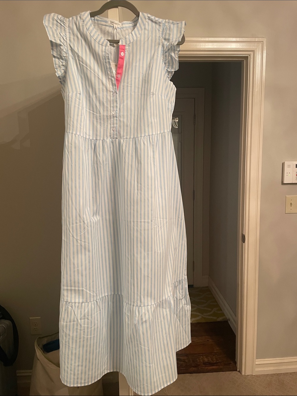 Light Blue & White Striped Maxi Dress with Pink Placket